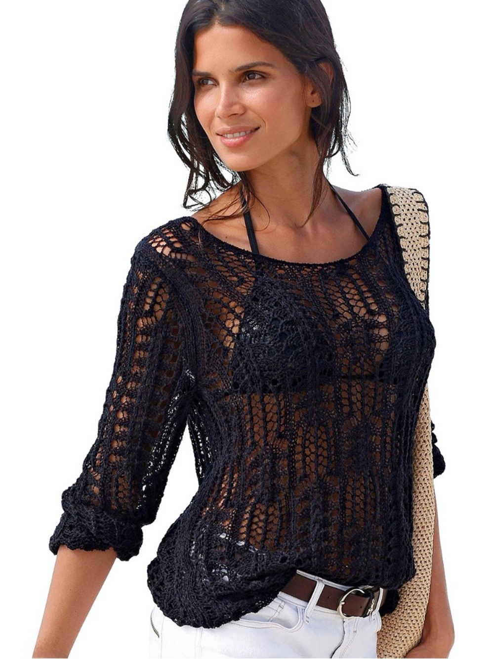 Black Crochet Knit Beach Cover-Up Top